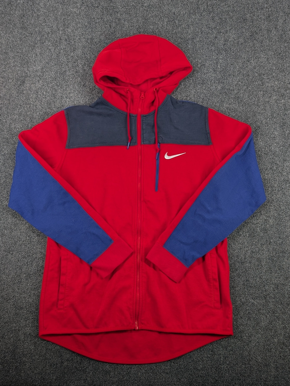 Nike Mens Colorblock Full Zip Hoodie Jacket Red Navy Blue Size Large L Swoosh